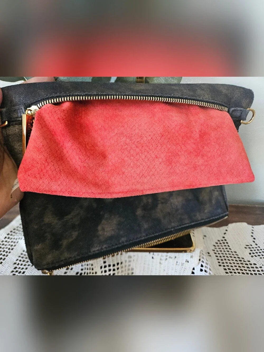 HAMMITT Convertible Grey Distressed Suede Leather Gold Studded Wallet Clutch.